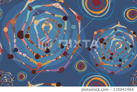 Backdrop seamless pattern with group of diverse people in a circle from different cultures holding hands. Racial equality. Top view. Community men and women of friends or volunteers. Team 120842984
