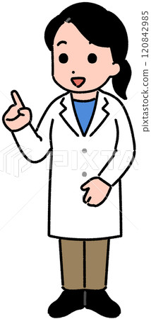 Woman in white coat pointing finger 120842985