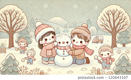 溫馨的插圖,描繪了家人和朋友在白雪皚皚的冬季森林裡堆雪人的溫馨風景。 溫馨的插圖,描繪了家人和朋友在白雪皚皚的冬季森林裡堆雪人的溫馨風景。 120843107