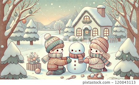 一幅溫馨的冬季場景插圖，親密的孩子們在白雪覆蓋的房子前堆雪人。 120843113