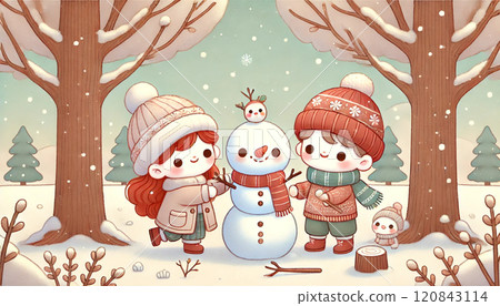 孩子們堆可愛的雪人，在白雪皚皚的冬季森林裡享受溫馨時刻 120843114