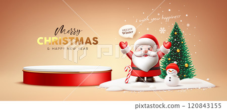 Merry Christmas and Happy new year red and white podium, Santa claus character say hello winter, snowman, pine tree, banner Merry Christmas and Happy new year red and white podium, Santa claus character say hello winter, snowman, pine tree, banner 120843155