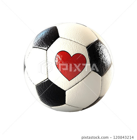 A classic soccer ball with a red heart painted on it sits isolated on a transparent background. 120843214