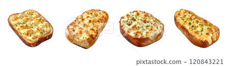 Four different types of garlic bread, including classic, cheesy, herb-infused, and spicy, are presented on a white plate. Four different types of garlic bread, including classic, cheesy, herb-infused, and spicy, are presented on a white plate. 120843221