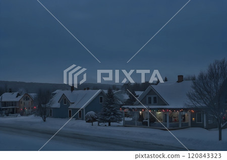 Snow covered houses in the village with christmas decorations 120843323