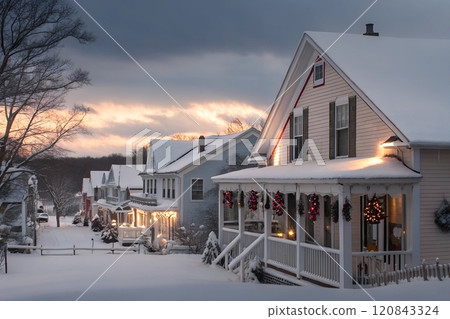 Snow covered houses in the village with christmas decorations 120843324