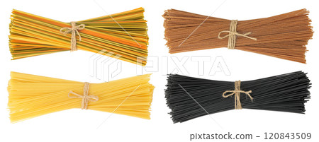 Colorful spaghetti tricolore pasta isolated on white background. Top view. Flat lay 120843509