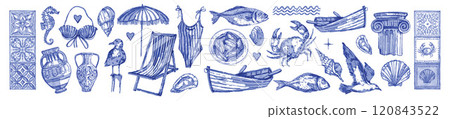 Mediterranean summer vacation doodle icon set, vector watercolor hand drawn sea shore collection.  120843522