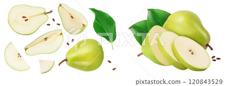 Green pear fruit half and slices isolated on white background . Top view. Flat lay 120843529