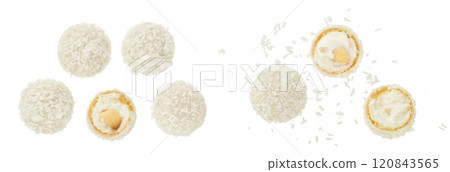 round candy raffaello with coconut flakes and nut isolated on white background. Top view. Flat lay. 120843565