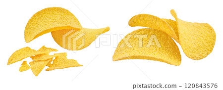 Potato chips isolated on white background with full depth of field. Potato chips isolated on white background with full depth of field. 120843576