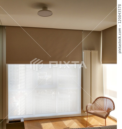 Beige motorized roller blinds covering large windows, allowing soft daylight to filter through. Double system - blackout and sunscreen fabrics. Near the roller shades is modern chair. Smart home. Beige motorized roller blinds covering large windows, allowing soft daylight to filter through. Double system - blackout and sunscreen fabrics. Near the roller shades is modern chair. Smart home. 120843578