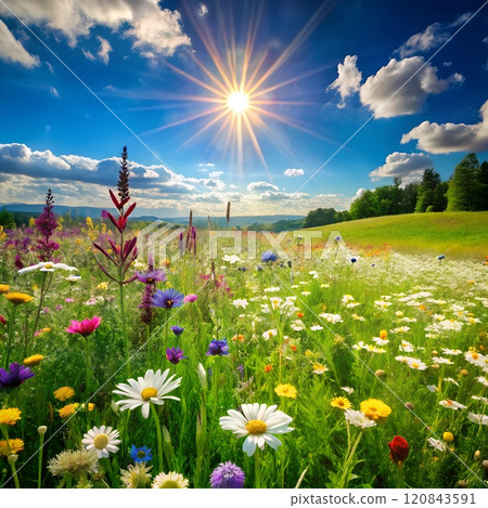Blooming meadow under sunny sky with colorful wildflowers. Blooming meadow under sunny sky with colorful wildflowers. 120843591