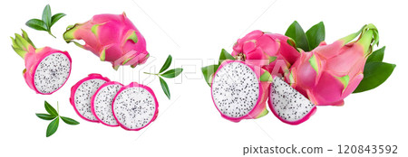 Dragon fruit, Pitaya or Pitahaya isolated on white background. Top view. Flat lay 120843592