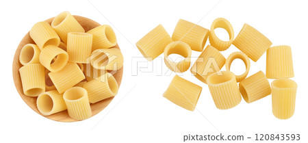 raw italian pasta in wooden bowl isolated on white background . Mezze Maniche Rigate Bronze die. Top view. Flat lay raw italian pasta in wooden bowl isolated on white background . Mezze Maniche Rigate Bronze die. Top view. Flat lay 120843593