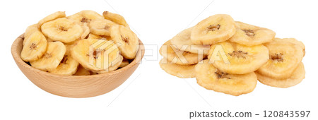 Dried banana chips in wooden bowl isolated on white background with full depth of field 120843597