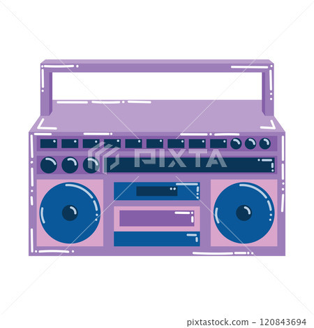 Cute cartoon retro boombox in 90's style isolated on white background. Music radio in retro style. Cute cartoon retro boombox in 90's style isolated on white background. Music radio in retro style. 120843694