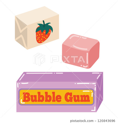 Cute set of strawberry bubble gum candies in cartoon flat style. Retro 90's collection. 120843696