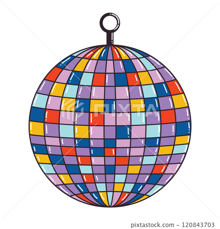 Colorful cartoon disco ball isolated on hite background. Retro party shining ball in 90's style. 120843703
