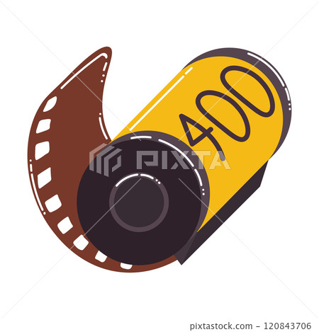 Retro photographic film roll with film strip in flat cartoon style. 120843706