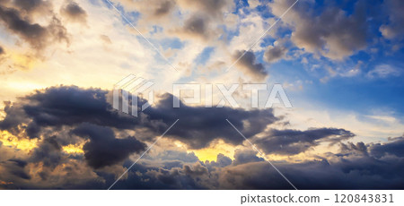 background with cloudy sky with clouds at sunset. Panorama of orange blue sky at sunrise background with cloudy sky with clouds at sunset. Panorama of orange blue sky at sunrise 120843831