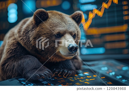bear market depression, brown bear in market. stock going down graph background 120843988