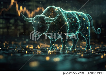 bullish market euphoria, green bull in market. stock going high graph background 120843990