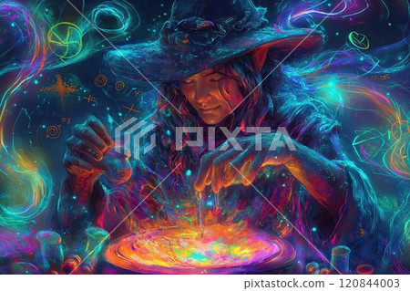 elf, wearing a pointed hat, stirring a bubbling cauldron filled with colorful potions, surrounded by mystical symbols and glowing ingredients 120844003