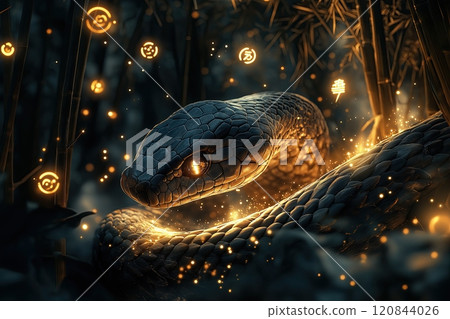 A wooden snake year 2025 chinese The wooden snake, its scales resembling interlocking tree bark, slithering through a mystical bamboo forest illuminated by golden moonlight 120844026