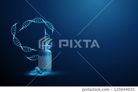 Blue DNA molecule helixes swirled in circle, plastic bottle, medical pills. Genetic engineering, treatment of genetic diseases with medicinal products, medical concept Blue DNA molecule helixes swirled in circle, plastic bottle, medical pills. Genetic engineering, treatment of genetic diseases with medicinal products, medical concept 120844035