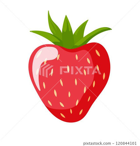 Fresh and juicy strawberry in cartoon style. Red fruit with green leaves. Isolated on a white background. 120844101