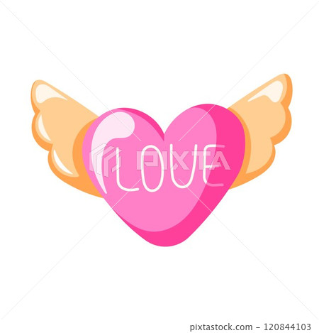 Cute pink heart with wings in cartoon style. Valentine Day symbol for romantic holiday celebration, wedding invitation, greeting card design. Isolated on a white background. 120844103