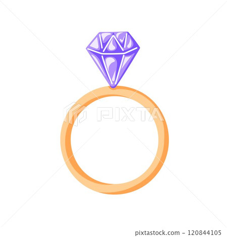 Ring with violet diamond in cartoon style. Gold ring for engagement with gemstone. Valentines Day holiday sticker for propose and marriage design. Isolated on white background. Ring with violet diamond in cartoon style. Gold ring for engagement with gemstone. Valentines Day holiday sticker for propose and marriage design. Isolated on white background. 120844105
