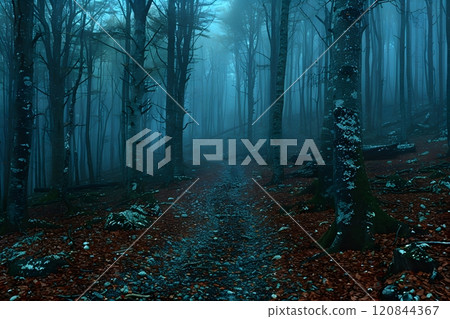 Enchanting Autumn Forest Path in Mystical Fog for Nature Photography and Prints Generative AI 120844367