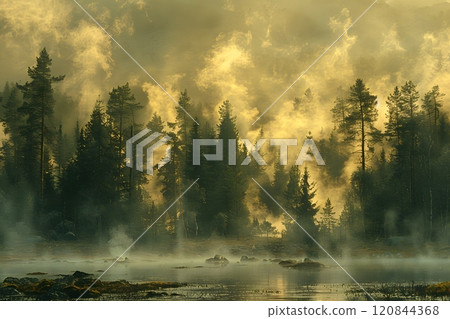 Misty Morning Forest Landscape with Sunlit Fog and Tranquil Waters Generative AI 120844368
