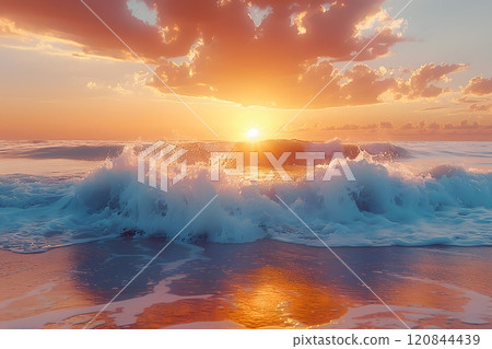 Sunset Serenity Over Ocean Waves - Tranquil Beach Scene for Wall Art, Posters, Prints Generative AI 120844439