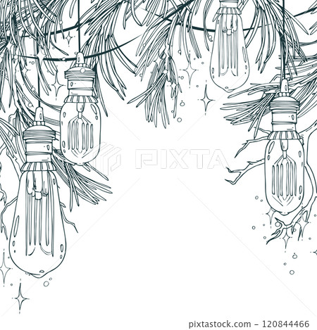 Retro Edison bulbs hanging with pine branches with stars and lights. Line art is a simple hand-drawn illustration in black and white ink. Template, frame, decorative framing vector EPS Christmas card Retro Edison bulbs hanging with pine branches with stars and lights. Line art is a simple hand-drawn illustration in black and white ink. Template, frame, decorative framing vector EPS Christmas card 120844466