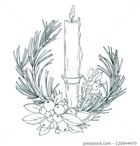 Candle burning in a vintage candlestick with pine and snowberry branches. Line art is a simple hand-drawn illustration in black and white ink. Composition, arrangement vector EPS, Christmas, New Year 120844470