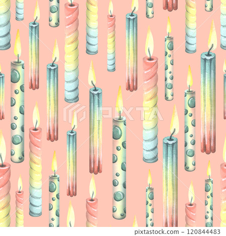 Multi-colored festive candles with fire, for a cake, birthday, holiday on a pink background. Watercolor illustration, hand drawn. Seamless pattern for fabric, wallpaper, packaging, wrapping paper. Multi-colored festive candles with fire, for a cake, birthday, holiday on a pink background. Watercolor illustration, hand drawn. Seamless pattern for fabric, wallpaper, packaging, wrapping paper. 120844483
