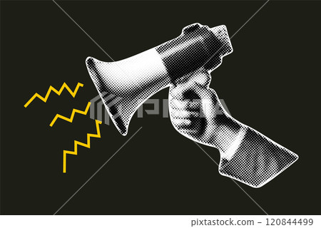 Halftone megaphone illustration lightning bolts. Announcement message megaphone digital background. 120844499