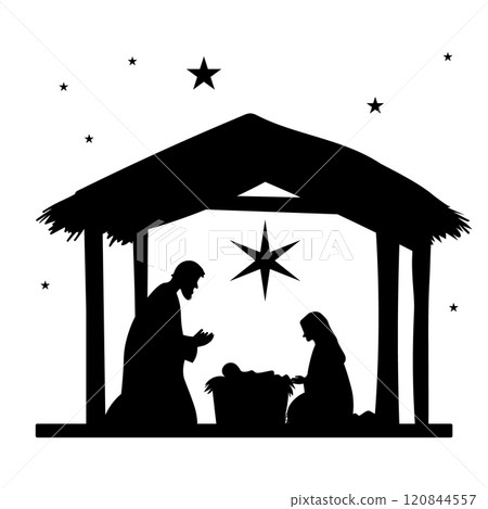 Nativity Christmas Mary, Joseph, baby Jesus starry night. Silhouette Jesus birth Christmas Bethlehem Nativity Christmas Mary, Joseph, baby Jesus starry night. Silhouette Jesus birth Christmas Bethlehem 120844557