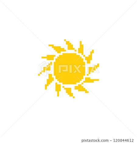 Pixelated sun illustration. Simple pixel art of a yellow sun with rays extending outward 120844612