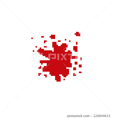 Red blood splatter in pixel art style. Pixelated blood stain with drips in a retro design. 120844613