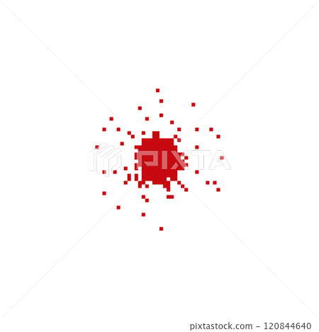 Red blood splatter in pixel art style. Pixelated blood stain with drips in a retro design. 120844640
