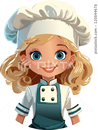 Cartoon style of a girl chef in a cap and apron Cartoon style of a girl chef in a cap and apron 120844678