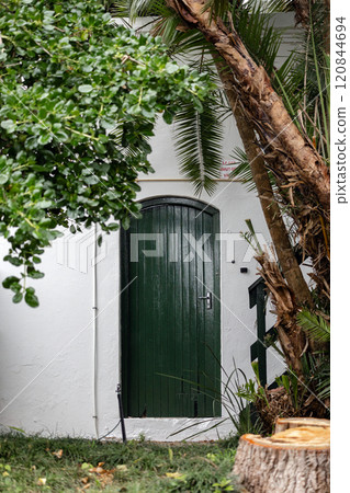 Green wooden slatted door with handle in white wall. Green wooden slatted door with handle in white wall. 120844694