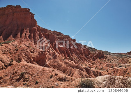 Fairytale canyon with red rocks. Picturesque Skazka canyon, Kyrgyzstan 120844696