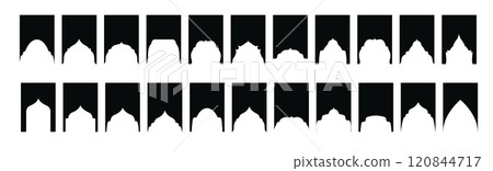 Arabic shapes windows and arches traditional ornament. Set of Islamic shape window frame in retro boho color. Vector Arabic shapes windows and arches traditional ornament. Set of Islamic shape window frame in retro boho color. Vector 120844717
