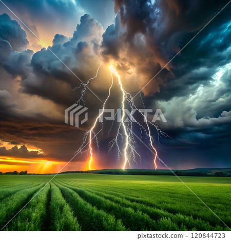 Lightning storm over a green field during sunset.  120844723