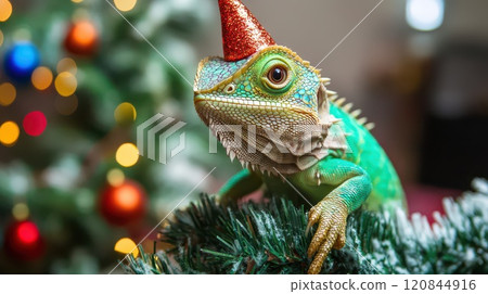Festive lizard by Christmas tree 120844916